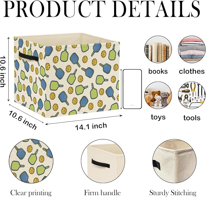 Pickleball Gifts Storage Bin Box with Handles, Gifts for Pickleball Lovers Foldable Baskets Organizer for Bedroom Bathroom Sports Room Clothes Toys Books, Toybox for Boys Girls