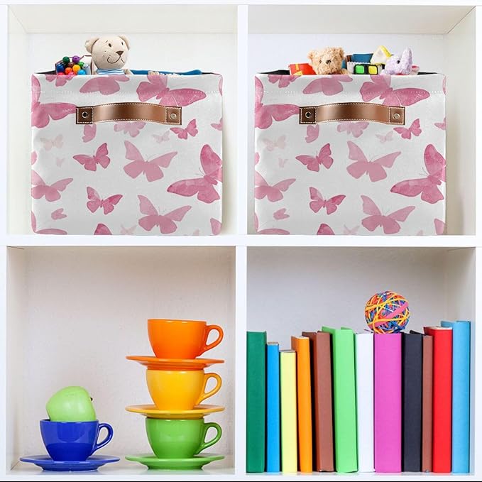 Watercolor Pink Butterfly Storage Basket Bin, Large Cube Storage Box Canvas Collapsible Storage Organizer for Home Office Closet - 15 L x 11 W x 9.5 H