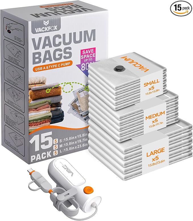 Vacuum Bags for Travel with USB and TYPE C Pump, 15 Pack Carry-on Size Compression Packing Bags for Luggage and Suitcase, Space Saver for Clothes and Clothing Travel（Grey）