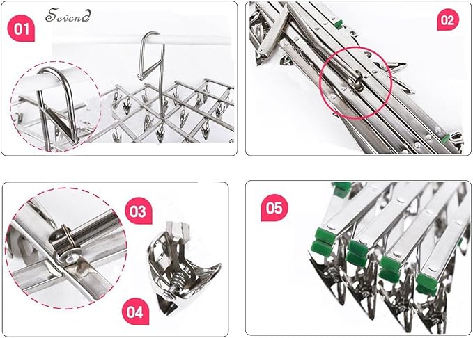 Seven Stainless Steel Socks Drying Rack with 35 Clips, Rustproof Clothes Hanger Washing Line Windproof Hanging Dryer for Socks Underwear Towels Scarves Shirts Etc.