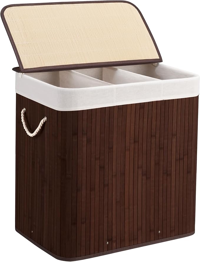 150L Laundry Hamper with lid, 3-Section Clothes Laundry Basket with Handles, Large Collapsible Bamboo Baskets for Bedroom, Bathroom, Dorm, Brown