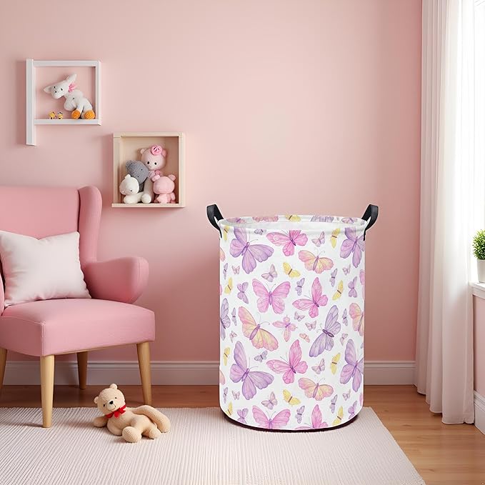 Baby Laundry Hamper kids laundry Basket Waterproof Storage Bin for Bedroom Toy Clothes Organizer Basket Woodland Animals Room Décor(Pink Butterfly)