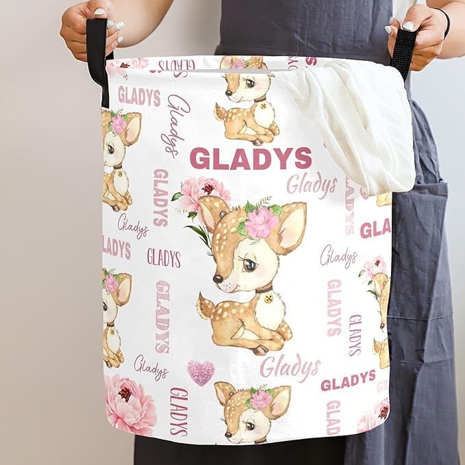 Large Custom Name Laundry Hamper, Deer Personalized Dirty Clothes Hamper Storage Basket with Name for Bathroom Bedrooms, Customized Name Circular Hamper with Handles for Baby Boys Girls Men Women