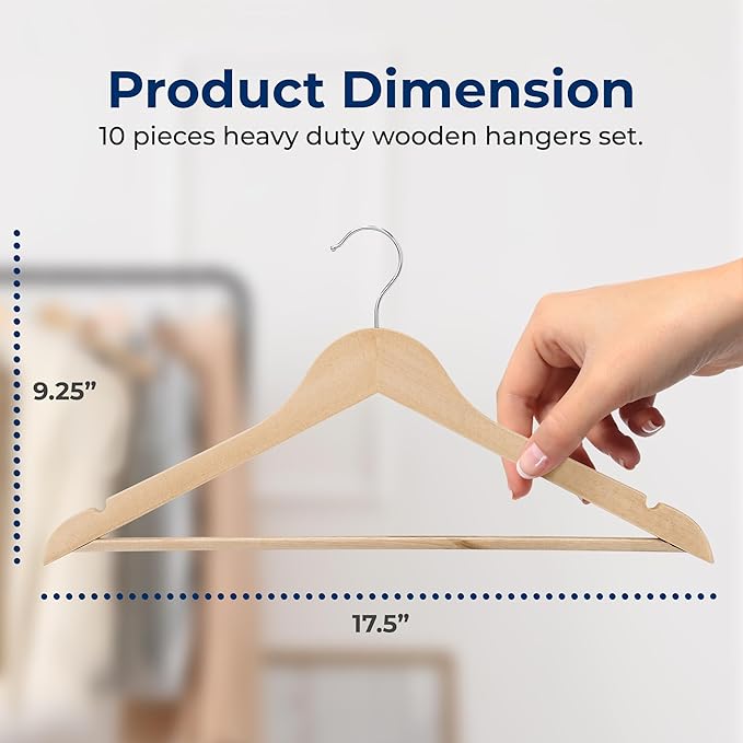 SereneLife 80-Piece Solid Wooden Hangers Set for Clothes – Heavy Duty Suit Coat Pant Dress Hangers with Chrome 360-Degree Swivel Hook and Notches Design for Organized Closets Natural Color