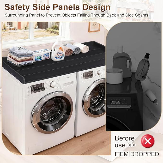 Washer Dryer Countertop, HDPE Laundry Countertop with Edge Rails, No-Installation-Black