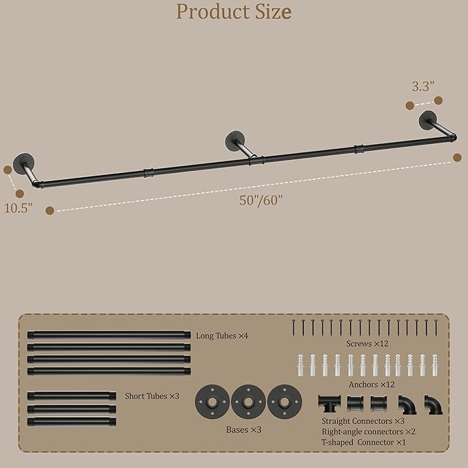 Wall Mounted Clothes Rack, Industrial Pipe Clothing Rack 60 Inch Black, Wall Clothes Hanger for Bedroom, Cloakroom, Closet, Hallway, Boutique Display, Drying Racks Wall-Mount for Laundry