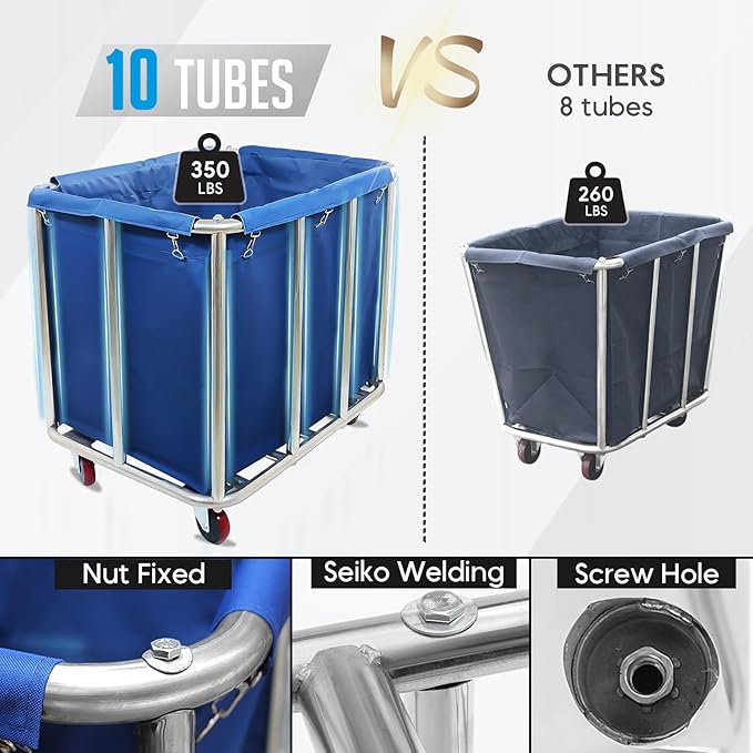 Commercial Laundry Cart with Wheels Heavy Duty Rolling Laundry Cart Large Laundry Baskets on Wheels with Stainless Steel Frame, 11.35 Bushel, 330LBS Load, 10 Tubes