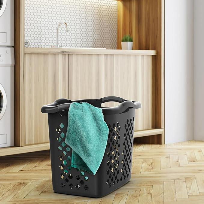 black laundry basket,plastic laundry basket with handles,Dirty Clothes basket for Bathroom, Apartment, or Dorm Room,Black,2 bushel, 2 pack