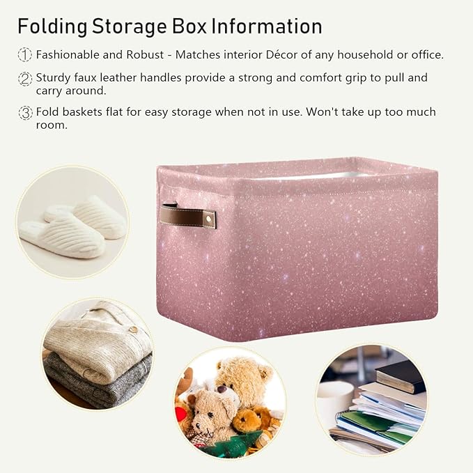 Rose Gold Sequins Storage Basket Bin, Large Cube Storage Box Canvas Collapsible Storage Organizer for Home Office Closet, Valentine's Day Gifts - 15 L x 11 W x 9.5 H