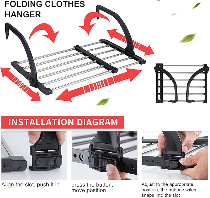 Portable Clothes Drying Rack for Balcony Railings Windowsill, Folding Towel Rack Indoor Outdoor Retractable Laundry Rack with Sock Clips for Drying Socks