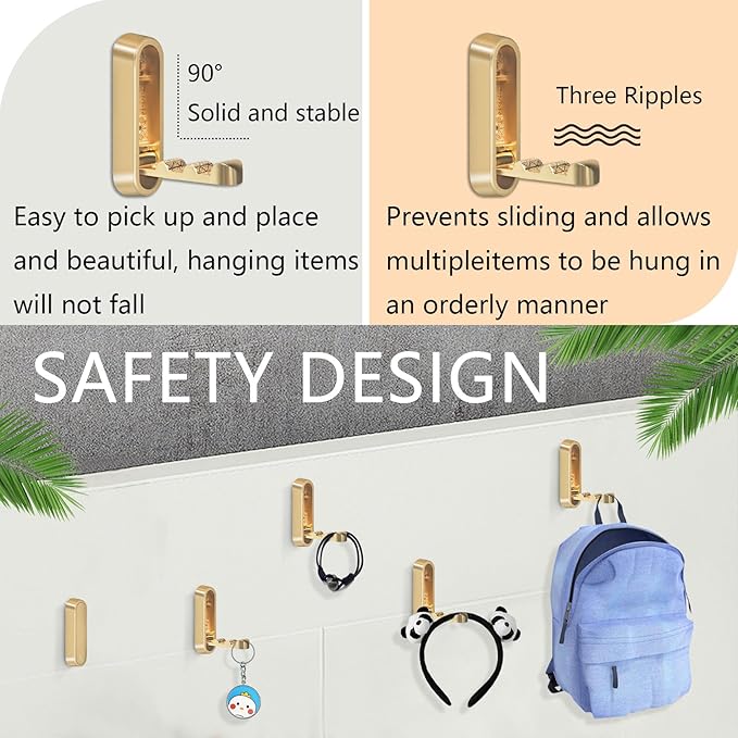 2PCS Foldable Gold Wall Hooks, Heavy Duty Zinc Alloy Folding Wall Hooks,Folding Coat Hooks, Flip Down Hook for Hanging Coats, Bags, Hats, Cooking Utensil, Bathrobes, Keys (Gold)