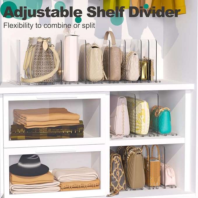 Purse Organizer for Closet, 6 Pack Adjustable Purse Holder for Closet, Plastic Shelf Dividers for Organization, Clear Handbag Clutch Bag Book Storage Organizer in Bedroom, Office