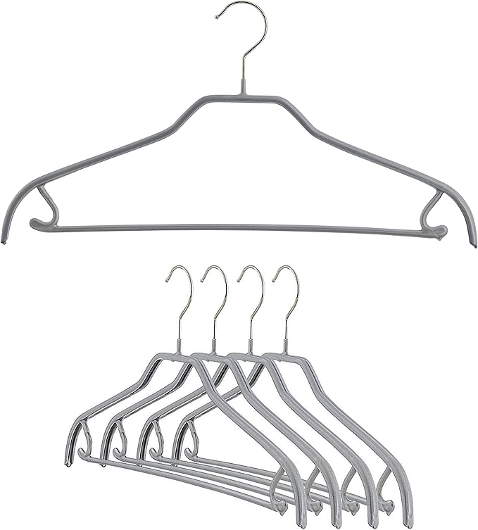 MAWA by Reston Lloyd Silhouette Series Non-Slip Space Saving Clothes Hanger with Bar & Hook for Pants and Skirts, Style 41/FRS, Set of 5, Silver