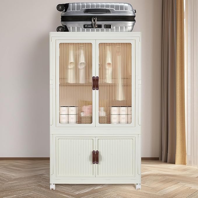 Stackable Closet Storage Bins, Collapsible Clothes Organizers, Portable Wardrobe Closet with Lids and Doors, Movable Clothes Storage with Coat Hangers, White