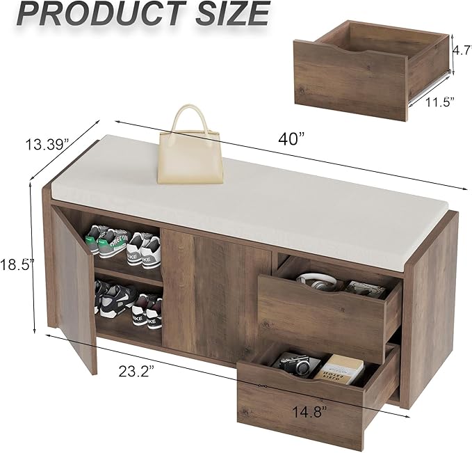 LVB Entryway Bench with Storage, 40” Storage Bench with Padded Cushioned Seat, Farmhouse Shoe Bench with 2 Drawers Cabinet Shelf, Industrial Wood Shoe Rack Bench for Living Bedroom，Rustic Oak, 40in