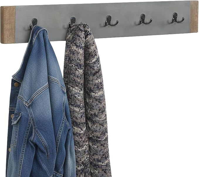 Alaterre Furniture Newport Entryway Collection – 40" Modern Industrial Wall Mounted Coat Rack with 5 Sturdy Hooks, Faux Concrete Panel and Light Amber Wood Trim for Entryway or Mudroom (Gray)