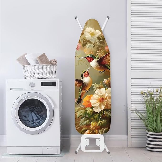 Hummingbird Floral Ironing Board Cover Heat Resistance and Resist Scorching Iron Board Covers Modern Art Decorations Standard Size 15×54 Inch with Elastic Fastener Straps