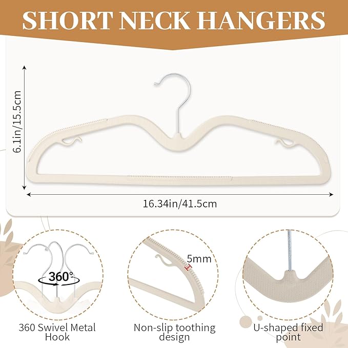 LemonRoad 50 Pcs Upgraded Plastic Short Neck Hangers, Anti-Slip Space Saving Hangers with 360 Swivel Hooks for Clothes, Smooth, Not Velvet (Warm Beige)