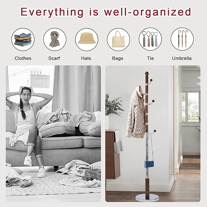Solid Wood Coat Rack, Free Standing Hall Coat Tree with 6 Hooks, 3 Height Options, 180lbs Load, Stury Base, Clothes Rack for Entryway, Hallway, Bedroom (Disc Base - Walnuts Swivel Hook)