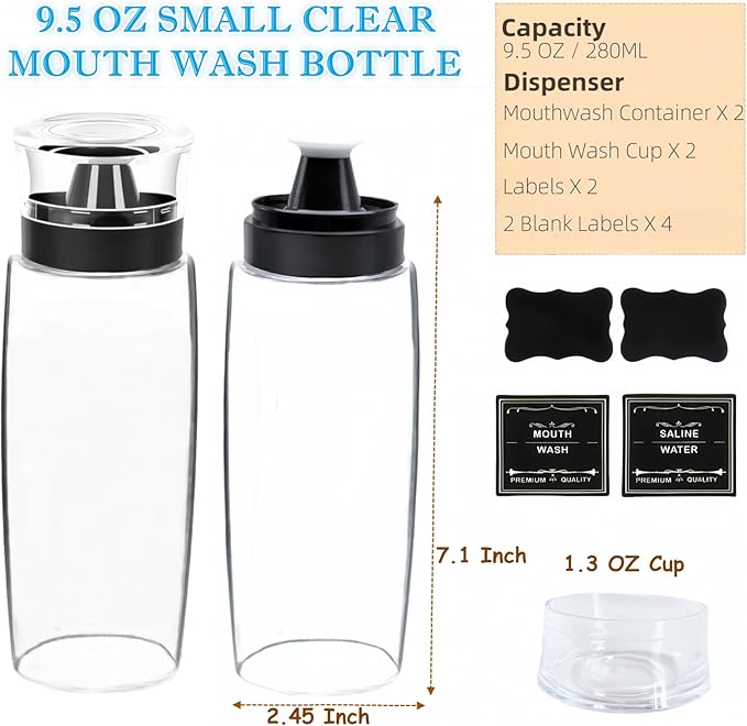 2 Pack Glass Mouthwash Dispenser, Leakproof Mouth Wash Container Bottle with Cup Lid, 9.5 OZ Refillable Glass Mouthwash Bottle Decanter for Countertop/8 Pcs Label