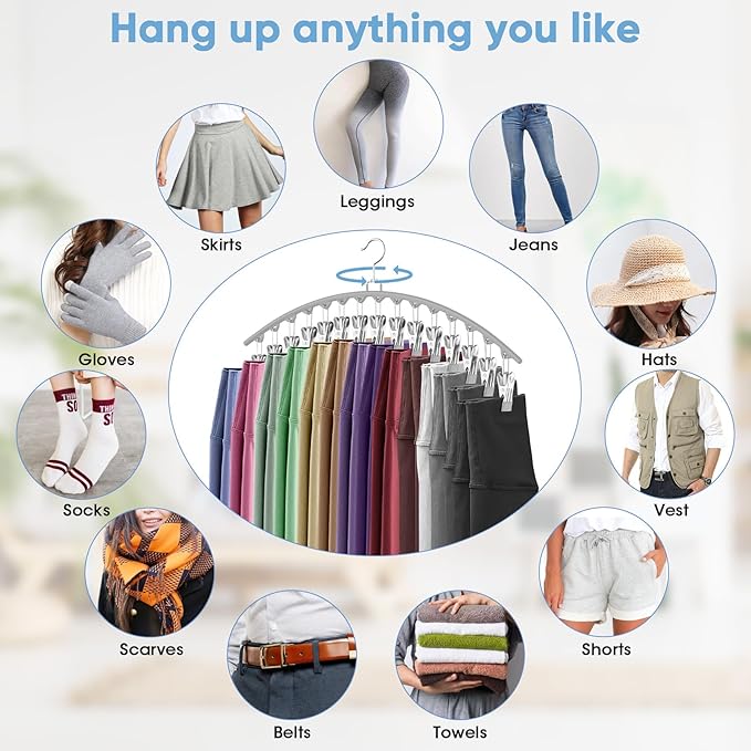 6 Pack Legging Organizer for Closet Hanging, Pants Hangers with Clips Holds 95 Leggings, Shorts, Skirts, Jeans, Hats, Pants Hangers Space Saving Clothes Racks Closet Organizers and Storage, Grey