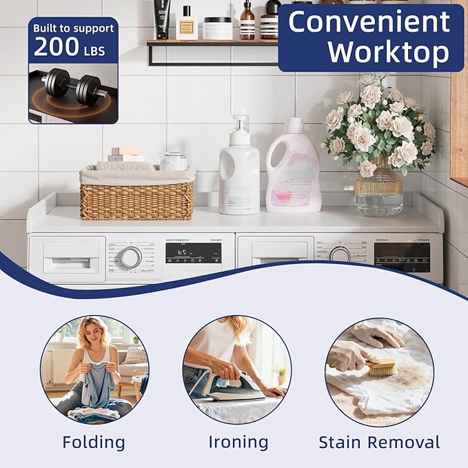 Washer Dryer Countertop, 54" Width x 27.5" Depth Laundry Countertop Organization, Wooden Washer and Dryer Topper for Folding, Sorting & Ironing, Easy to Install, White