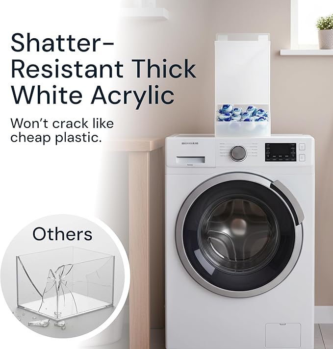 Acrylic Laundry & Dishwasher Pod Dispenser - Large White Acrylic, 2 Lids - Wall-Mount Or Countertop Gravity Feeder - Laundry Room Organization & Storage for Laundry Pods