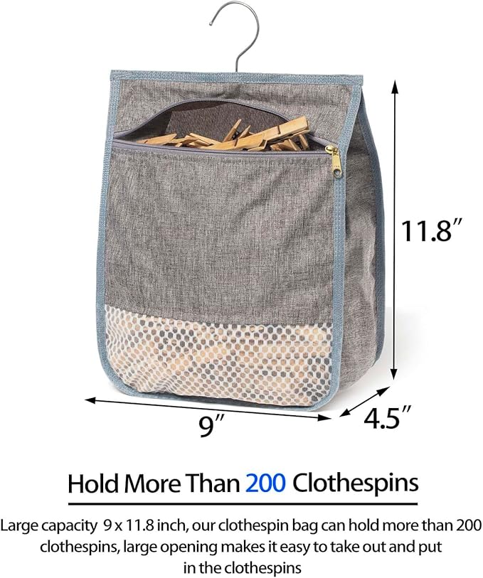 Laundry Clothespin Bag for Clothesline Outdoor, Clothes pin Bag with Zipper Closure, Large Opening, Large-Capacity Clothespin Storage Organizer with Hooks, Use YKK Zipper（Grey