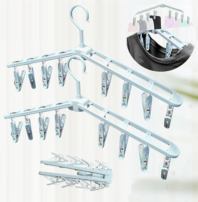 Folding Travel Shirt Socks Clothes Hangers with Clips Foldable Plastic Shorts Skirt Pants Suit Hangers Non Slip Closet Blue Drying Rack Displays Blue (2 Pack)