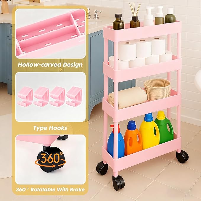 ShellKingdom 4 Tier Bathroom Storage Organizer, Slim Rolling Storage Cart for Narrow Space, Mobile Shelving Unit with Lockable Wheels and Hooks for Bathroom, Kitchen, Laundry Movable Shelf (Pink)