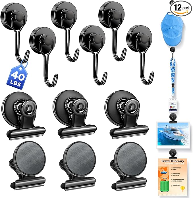 40lbs+ Magnetic Hooks and Clips Set for Cruise Cabins, 12 Pack Cruise Magnetic Organizer for Hanging Clothes, Hats, Lanyards, Daily Schedules - Cruise Essentials, Magnetic Hanger for Classroom, Fridge