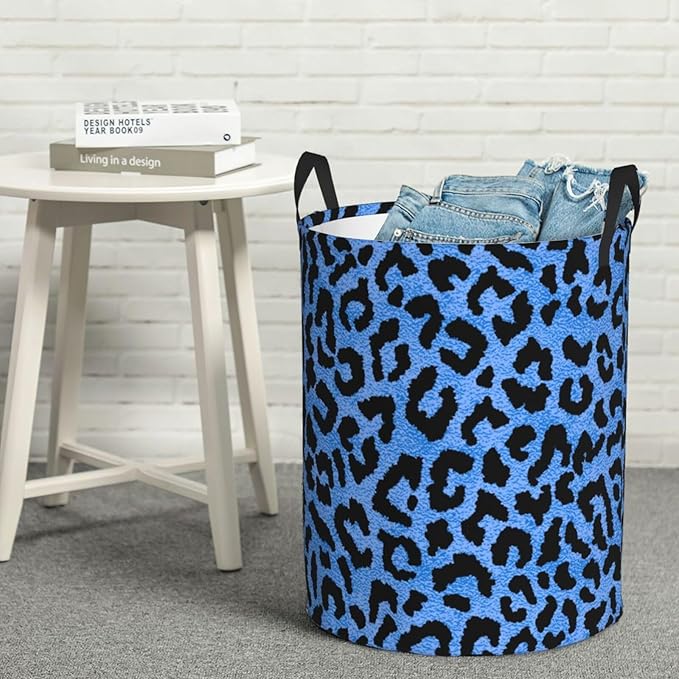 Blue Leopard Round Laundry Hamper Storage Basket Toys Clothes Organizer Bin For Home Bathroom Bedroom Dorm Nursery, 62l