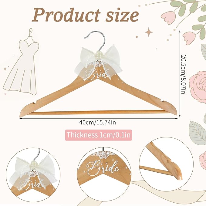 Bride Hanger for Wedding Dress, Wooden Bridal Hanger Wedding Hangers Personalized Hangers with Bow Tie & Pearl for Weddings Party Gifts Accessoriesz (Bride)