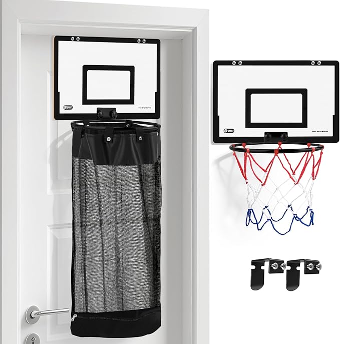 Over the Door Basketball Laundry Hamper and Basketball Hoop, 2-in-1 Wooden Sports Laundry/Clothes Basket with Hoop and a Bottom Zipper for Kids Teen Bedrooms, Dorm Rooms, Bathroom