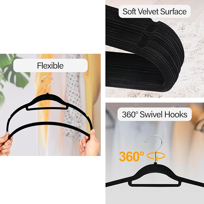 JupiterForce Velvet Hangers, 100 Pack Non-Slip Slim Clothes Hangers with 360 Degree Swivel Hook, Space Saving Velvet Coat Hangers for Closet Organization, Black