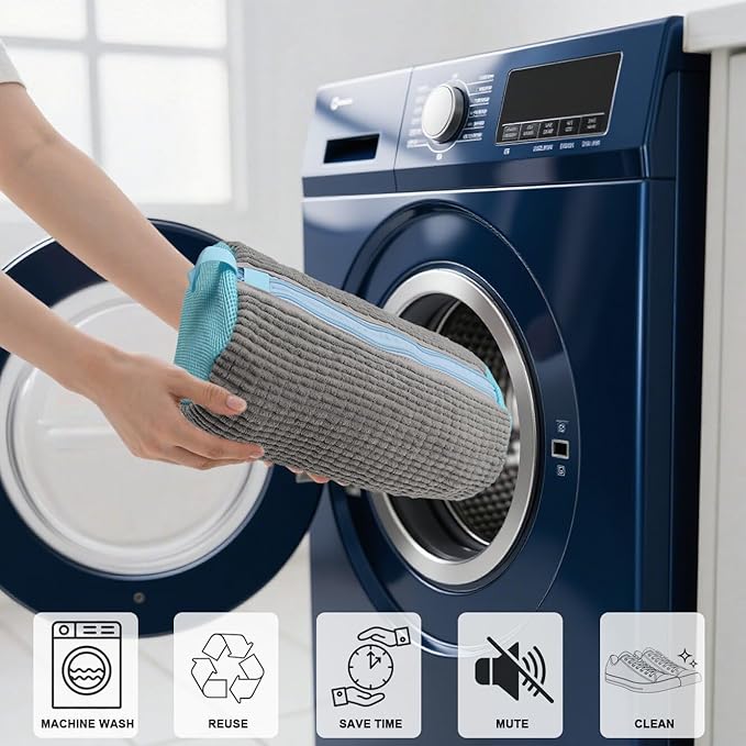Shoe Washing Machine Bag,Mesh Shoe Washing Bag for Washing Machine - Large Size Fits various Shoes, Chenille Fabric Protection, Zipper Laundry Bag for Sneakers (1 Pcs) (Grey and Blue)