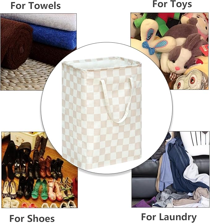 Beige Checkered Laundry Basket Girls Hamper Storage Bins Organizer Toy Box Large Canvas Collapsible Chest for Home/Dorm/Kitchen/Pet/Office/Closet/Shelf/Gift Baskets