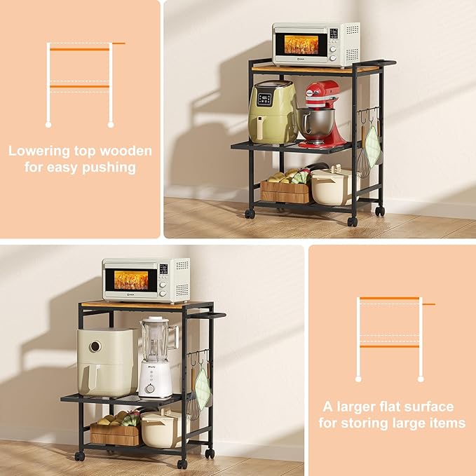 Kitchen Cart with Adjustable Shelves 3-Tier, Rolling Microwave Cart with Push Handle, Microwave Storage Stand with Drawer Slider Shelf, Utility Cart for Kitchen, Restaurant, Living Room, Office
