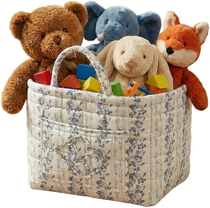 Quilted Fabric Basket Car Storage Basket Boho Floral Laundry Hamper for Nursery Bedroom & Living Room | Organize Clothes Toys
