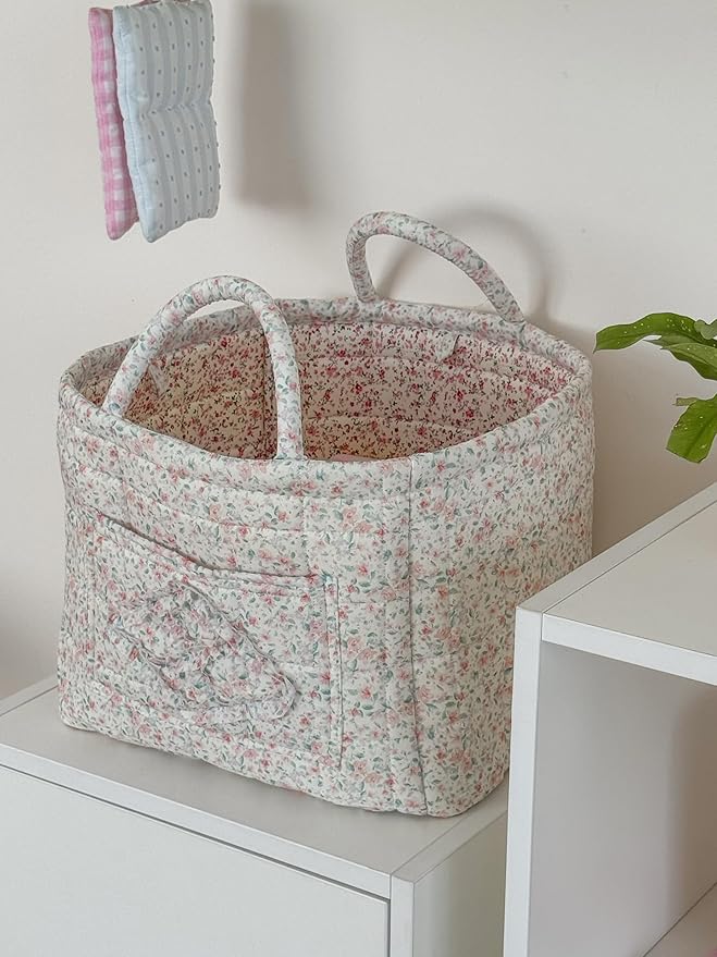 Quilted Laundry Basket Floral Storage Basket Cute Fabric Laundry Baskets Large Boho Foldable Nursery Hamper (Floral03)