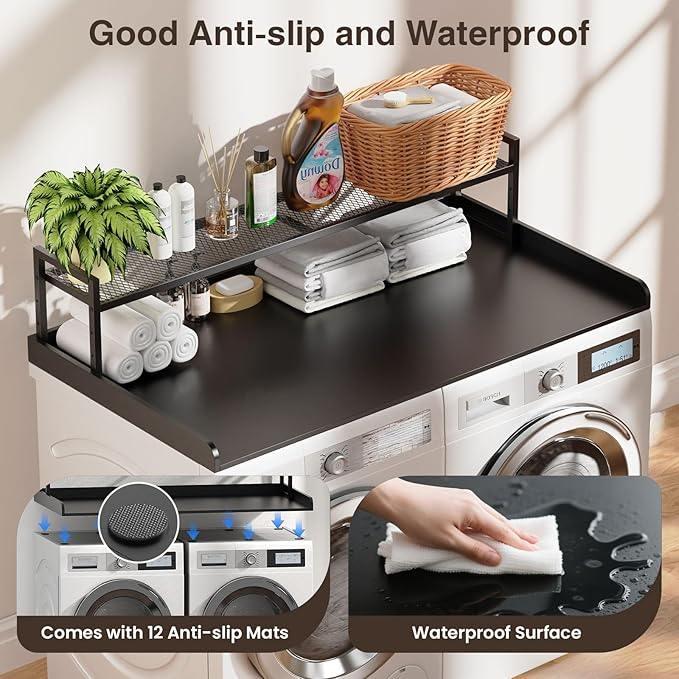 Washer Dryer Countertop with Shelf, 54" x 27.5" Wooden Washer and Dryer Topper, Laundry Countertop with Anti-Slip Pads, Washer Dryer Topper for Laundry Room Organization and Storage (Black)