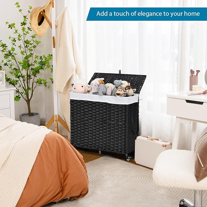 GOFLAME Laundry Hamper with Lid and Wheels, 125L Hand Woven Rattan Laundry Basket with 3 Divided Sections, Handles, 2 Removable and Washable Liner Bags, Dirty Clothes Hamper for Bedroom (Black)