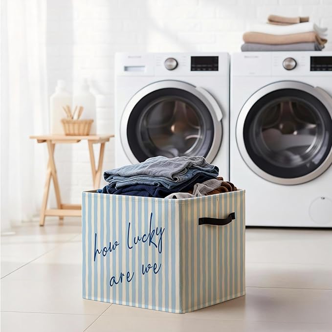 Blue Preppy Inspirational Storage Bin Box with Handles, How Lucky Are We Trendy Striped Foldable Baskets Organizer for Girls Bedroom Bathroom Clothes Toys Books, Toybox for Girls