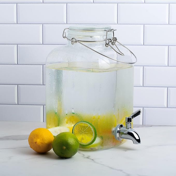 Glass Drink Dispenser for Parties, 1 Gallon Water Dispenser with Stainless Steel Spigot and handle,Glass Water Dispenser Countertop for Weddings, Lemonade & Laundry Detergent Dispenser (2Pack)