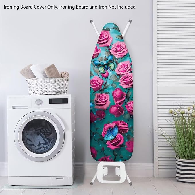 Pink Rose Ironing Board Cover and Pad Heat Reflective Stain Resistant Iron Board Cover with Padding Standard Size 15x54 Pressing Cloth for Ironing