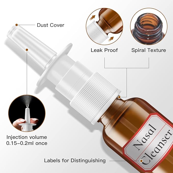 Nasal Spray Bottle, 6 Pcs 30ML/1oz Glass Amber Refillable Fine Mist Sprayers Atomizers, Small Empty Nasal Sprayer with Funnels and Labels
