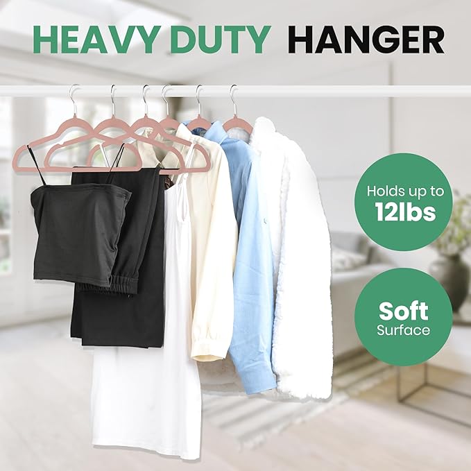 InfiniPower 50 Pack Velvet Hangers, Heavy Duty Clothes Hangers for Coat, Pants & Dress, Non-Slip Hanger Set with Shoulder Notches, 360° Swivel Hook, Space Saving, Pink