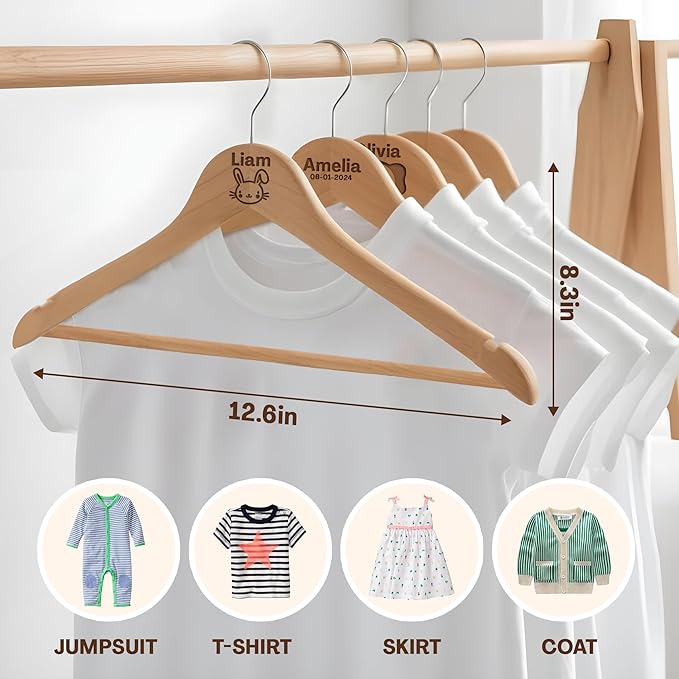 Personalized Baby Hangers with Name, Engraved Kids Hanger with Pants Bar for Children & Toddler Shirt Coat Holder with 360° Rotatable Hook, Closet Wardrobe for Children, Non Slip Hangers Gift- 2 Pack