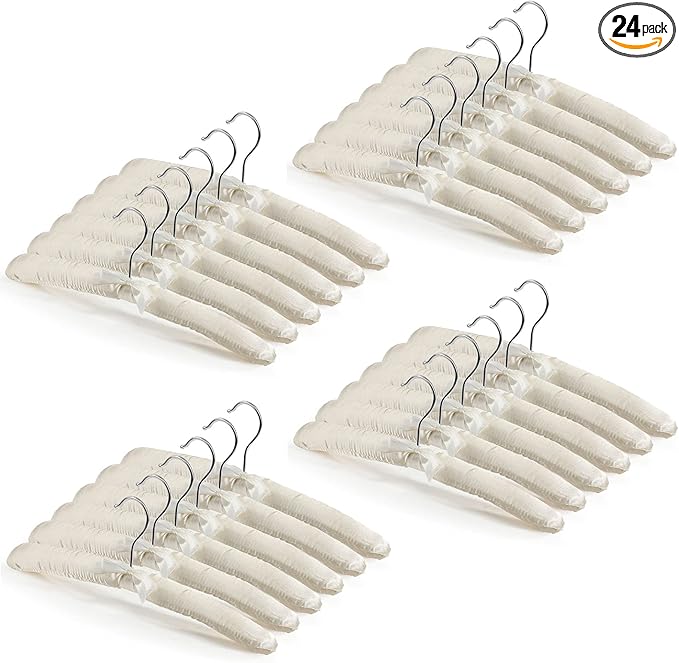 Jetec 24 Pieces Satin Padded Hangers with 360° Swiveling Hook Sponge Shoulder Pads Hanger for Coat, Sweaters, Blouse, Wedding Dress, Women Cloths (Beige)