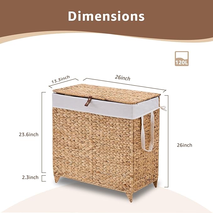 Handwoven Laundry Hamper with Lid, Natural Hyacinth Heightened Feet Laundry Basket, Wicker Clothes Hamper with Removable Liner Bag (Natural-A, 120L)